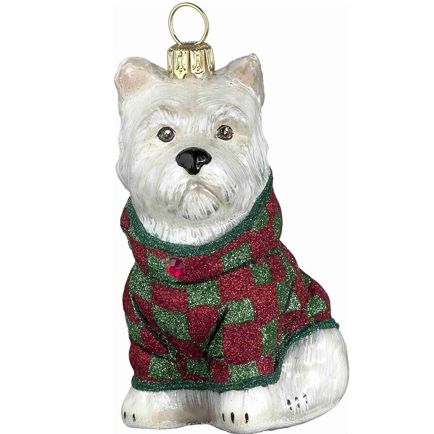 Joy to the World Westie in Checkered Coat Polish Glass Christmas Ornament West Highland Terrier