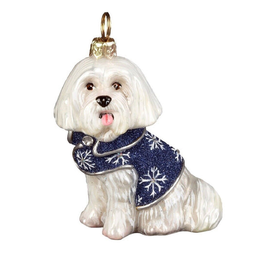 Joy to the World Maltese in Snowflake Coat with Crystals Polish Blown Glass Christmas Ornament