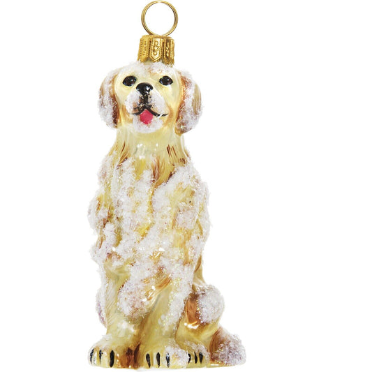 Joy to the World Snowy Golden Retriever Polish Glass Christmas Dog Ornament