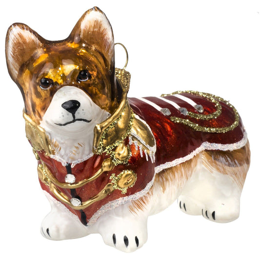 Joy to the World Corgi in Vintage Military Coat Polish Glass Christmas Ornament