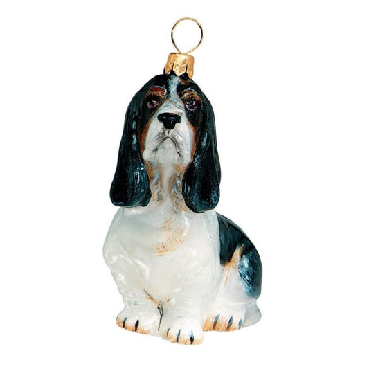 Joy to the World Basset Hound Sitting Dog Polish Blown Glass Christmas Ornament