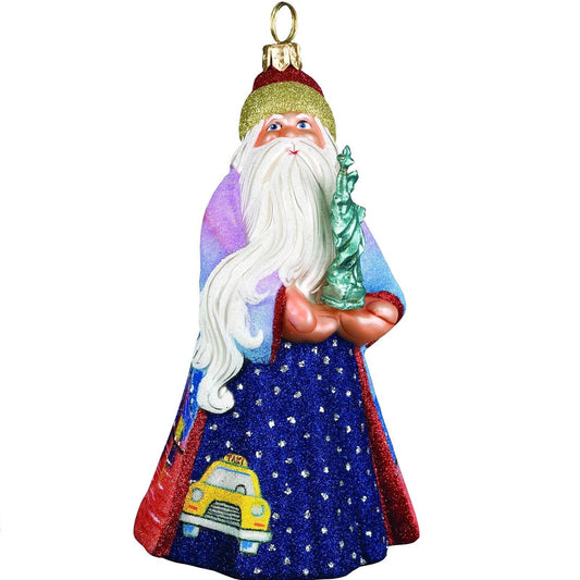Joy to the World Glitterazzi New York Santa with Statue of Liberty Polish Glass Ornament