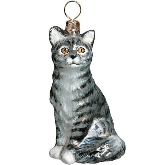 Joy to the World American Shorthair Gray Sitting Cat Polish Glass Christmas Ornament Decoration