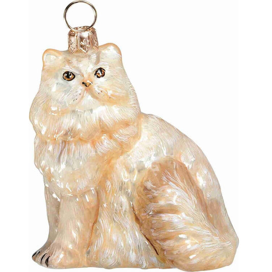 Joy to the World Sitting Cream Colored Persian Cat Polish Glass Christmas Ornament Decoration