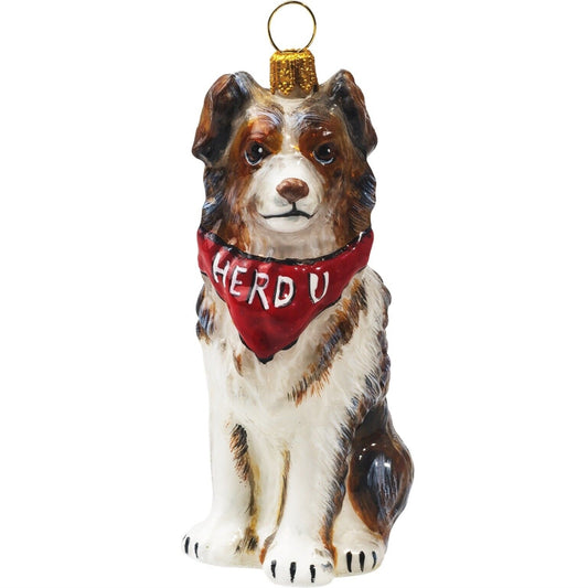 Joy to the World Australian Shepherd with Herd U Bandana Polish Glass Christmas Ornament