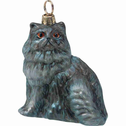 Joy to the World Sitting Blue Colored Persian Cat Polish Glass Christmas Ornament Decoration