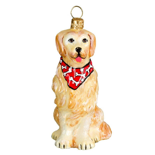 Joy to the World Golden Retriever with Bandana Sitting Dog Polish Glass Christmas Ornament