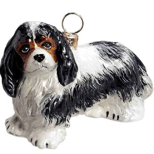 Joy to the World Cavalier King Charles Tri Color Dog Polish Glass Christmas Ornament Decoration