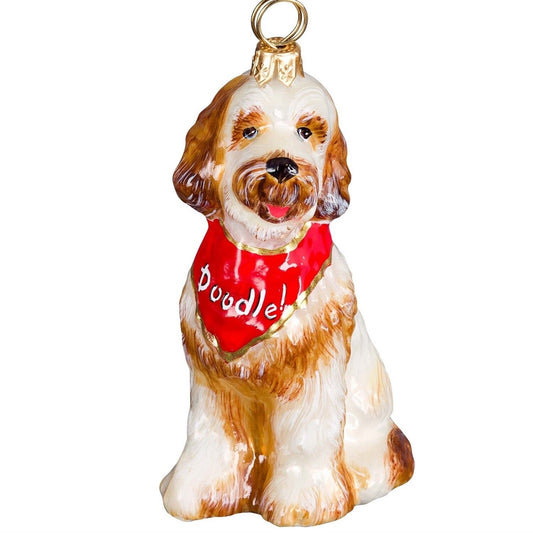 Joy to the World Sitting Goldendoodle with Bandana Polish Glass Christmas Ornament Decoration