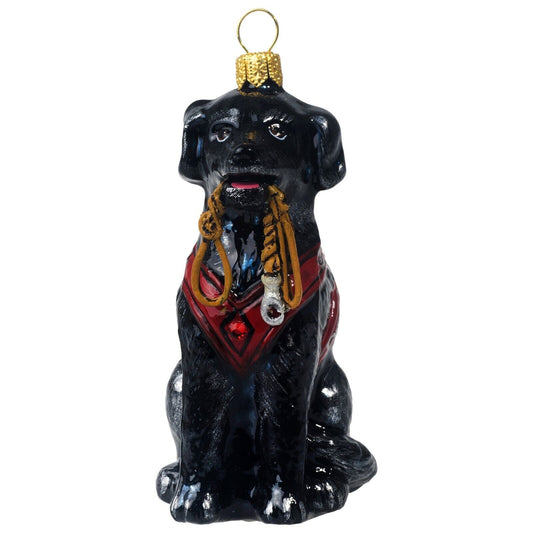 Joy to the World Black Lab with Vest and Leash Polish Glass Christmas Ornament