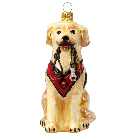 Joy to the World Yellow Lab with Vest and Leash Polish Glass Christmas Ornament