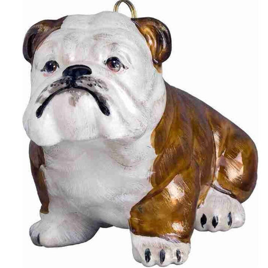 Joy to the World Brown and White Bulldog Dog Polish Blown Glass Christmas Ornament Decoration