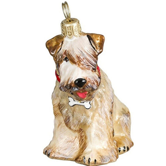 Joy to the World Soft Coated Wheaten Terrier Dog with Bone Collar Polish Glass Christmas Ornament