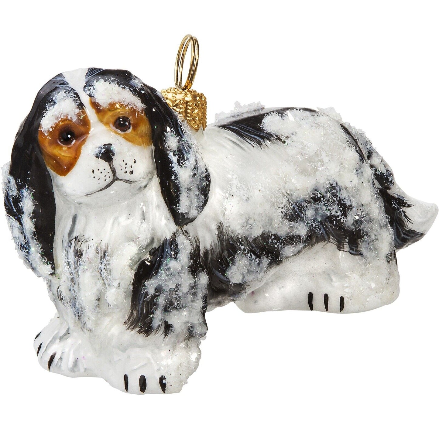 Joy to the World Snowy Cavalier King Charles Tri Color Polish Glass Christmas Dog Ornament