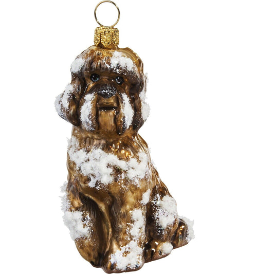 Joy to the World Snowy Brown Labradoodle Polish Glass Christmas Dog Ornament