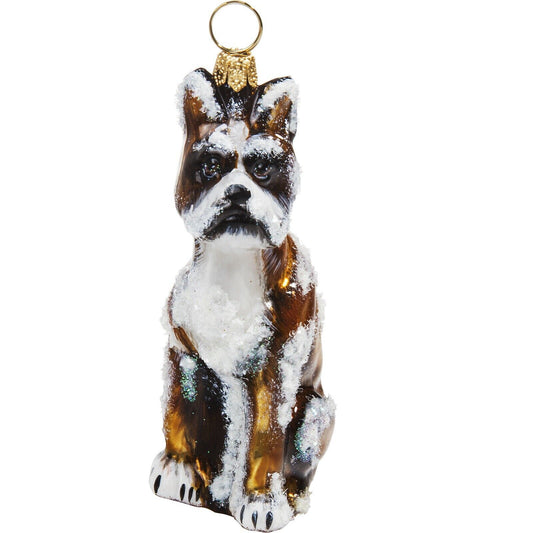 Joy to the World Snowy Boxer Polish Glass Christmas Dog Ornament