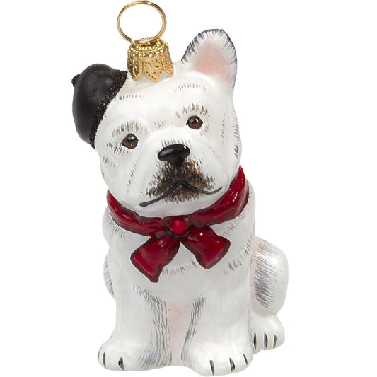 Joy to the World French Bulldog with Beret Polish Glass Christmas Dog Ornament