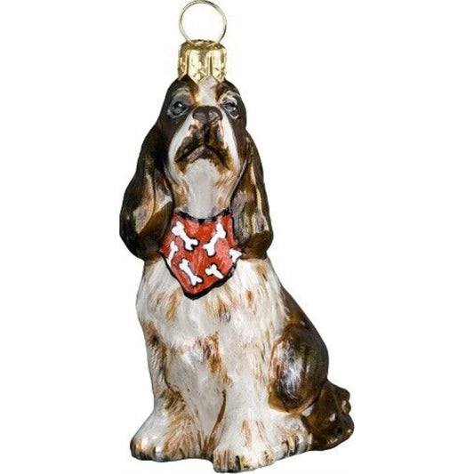 Joy to the World Liver and White Springer Spaniel with Bandana Dog Polish Blown Glass Christmas Ornament