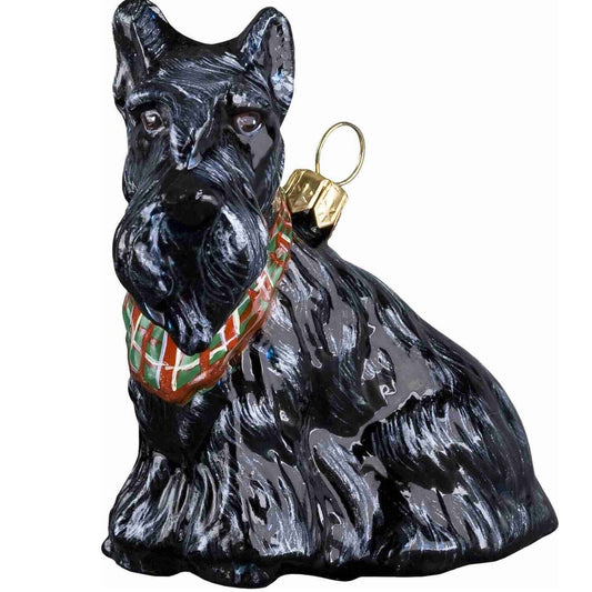 Joy to the World Scottish Terrier with Tartan Bandana Dog Polish Glass Christmas Ornament Scottie