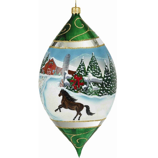 Metzler Brothers Snowy Barn with Stallion Horse Drop Polish Christmas Ornament