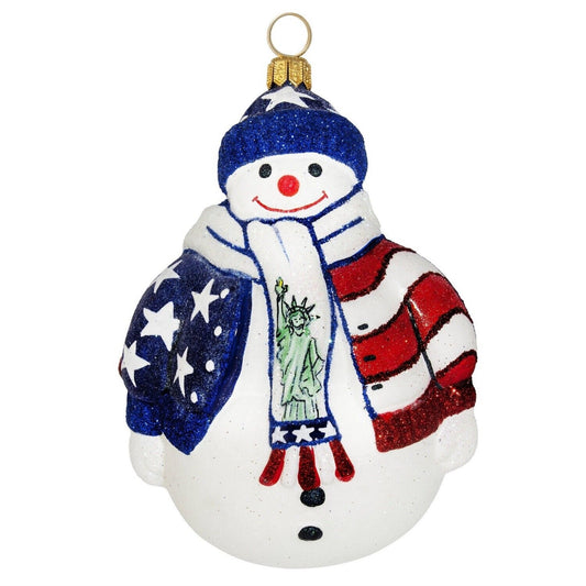 Joy to the World Glitterazzi Land Of The Free Snowman Polish Glass Christmas Ornament America USA
