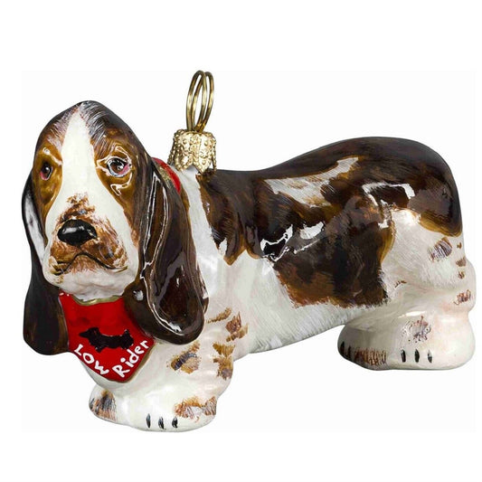 Joy to the World Basset Hound Dog with Red Low Rider Bandana Polish Glass Christmas Ornament