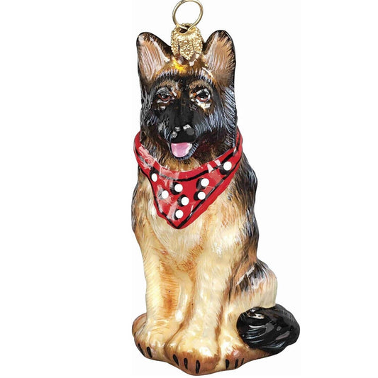 Joy to the World German Shepherd with Bandana Polish Glass Christmas Tree Ornament Decoration