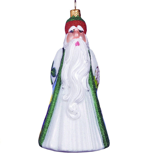 Joy to the World Glitterazzi Ireland Santa with Shamrock Polish Glass Christmas Ornament