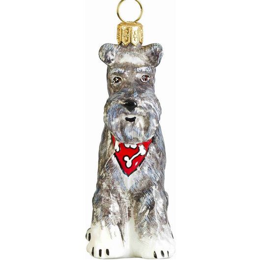 Joy to the World Floppy Ears Grey Schnauzer with Bandana Polish Glass Christmas Tree Ornament