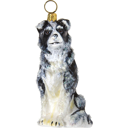 Joy to the World Snowy Border Collie Polish Glass Christmas Dog Ornament