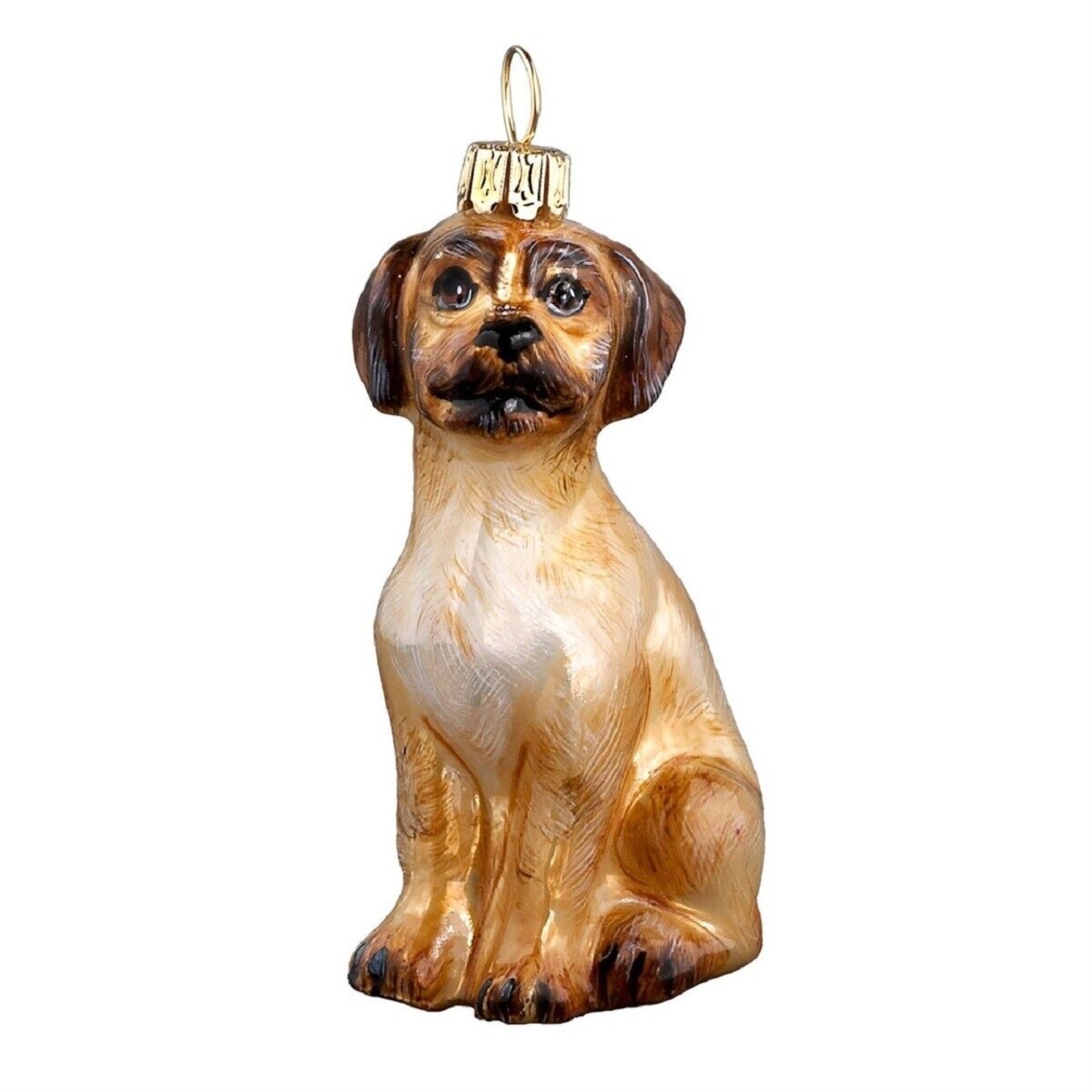 Joy to the World Brown Puggle Sitting Dog Polish Blown Glass Christmas Ornament
