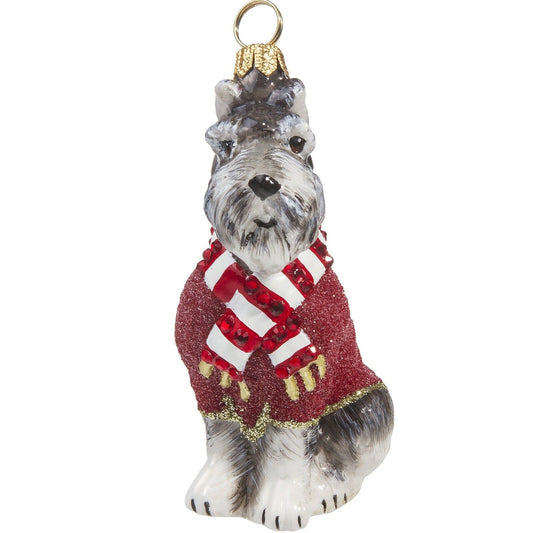 Joy to the World Grey Schnauzer In Red Sweater Polish Glass Christmas Ornament Pet Dog Poland