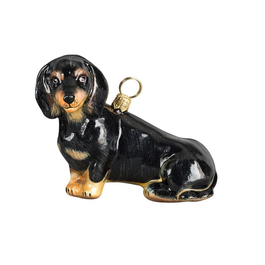 Joy to the World Black Dachshund Sitting Dog Polish Blown Glass Christmas Ornament