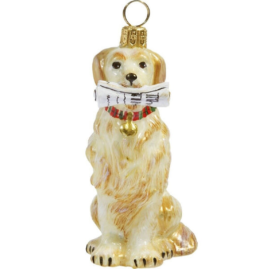 Joy to the World Golden Retriever with Newspaper Polish Glass Christmas Ornament Dog Pet
