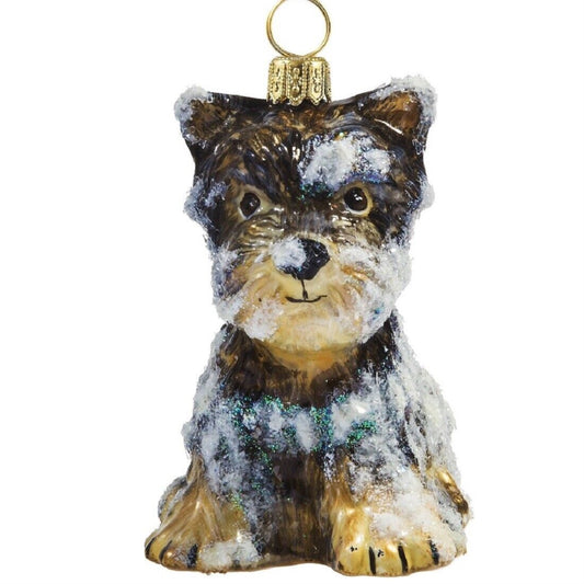 Joy to the World Snowy Yorkshire Terrier Puppy Sitting Polish Glass Christmas Ornament Yorkie Dog