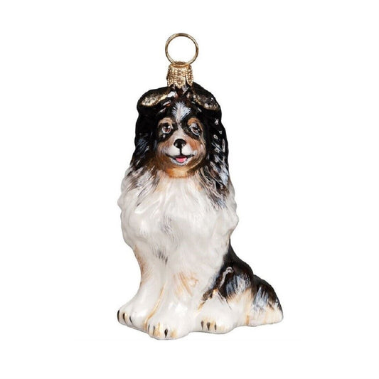 Joy to the World Tricolor Shetland Sheepdog Sitting Dog Polish Blown Glass Christmas Ornament