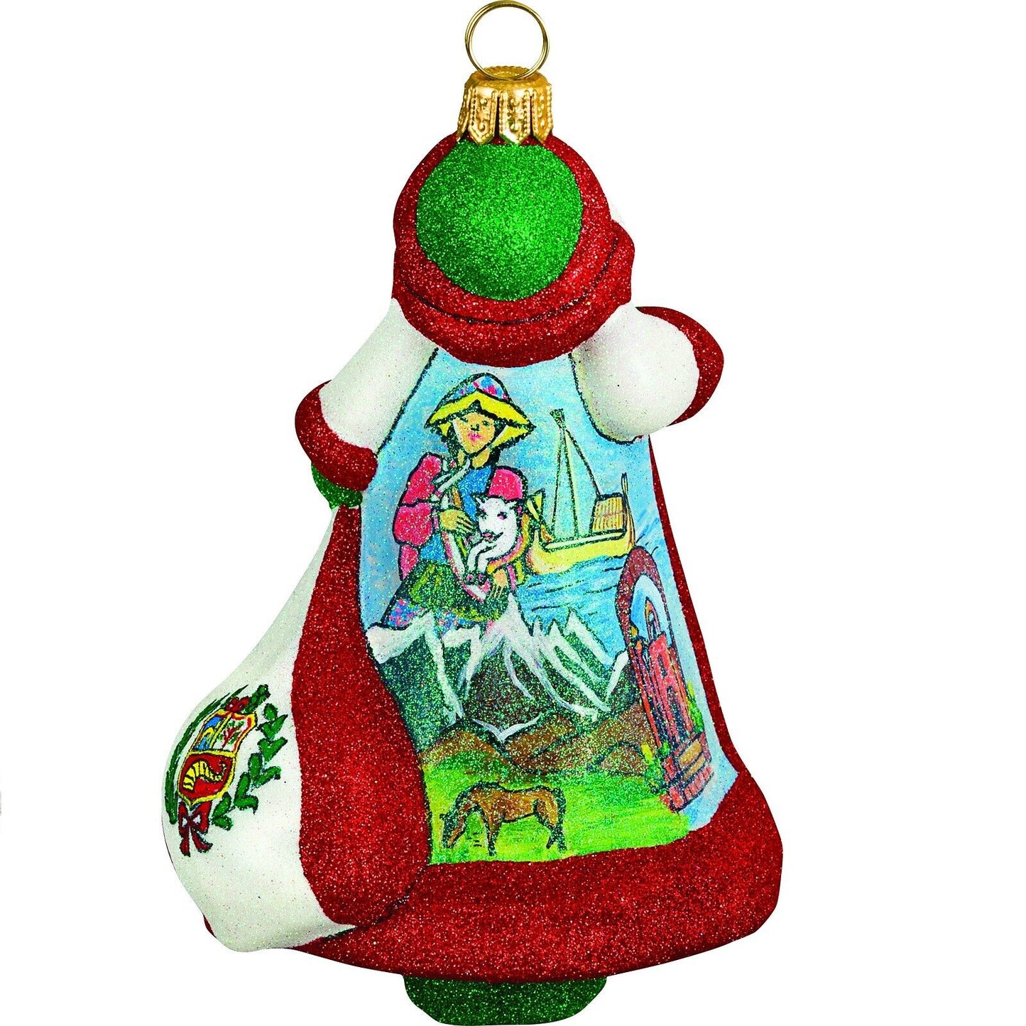 Joy to the World Glitterazzi Peru Santa Polish Glass Christmas Ornament