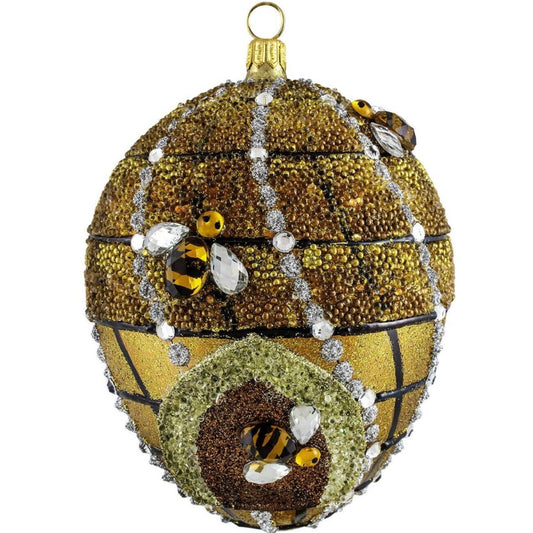 Joy to the World Glitterazzi Beehive Jeweled Egg Polish Glass Christmas Tree Ornament Bee Poland