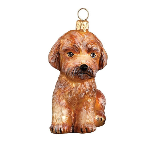 Joy to the World Apricot Maltipoo Sitting Dog Polish Blown Glass Christmas Ornament
