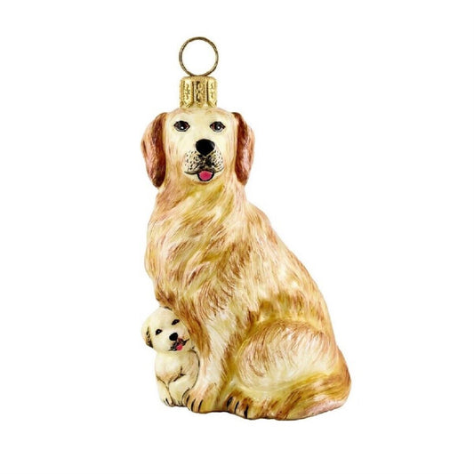 Joy to the World Golden Retriever Mother and Puppy Polish Blown Glass Christmas Ornament