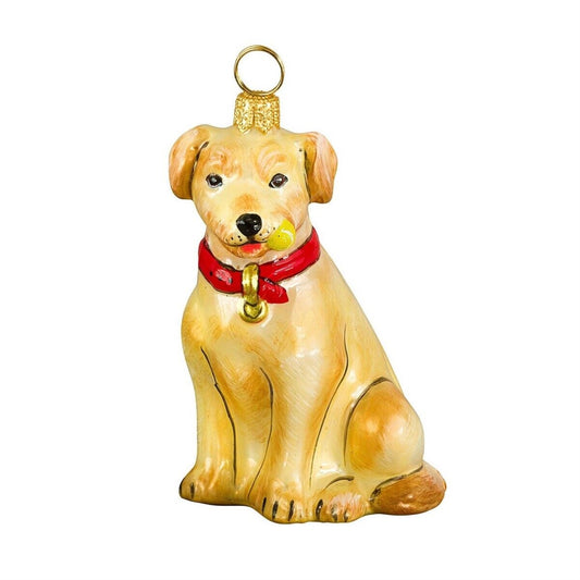 Joy to the World Yellow Labrador Retriever with Tennis Ball Polish Blown Glass Christmas Ornament