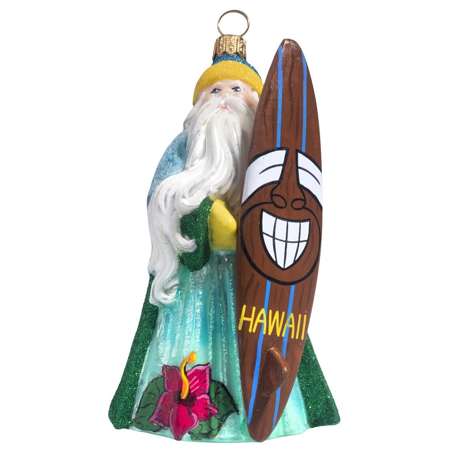 Joy to the World Glitterazzi Hawaii Santa with Tiki Surfboard Polish Glass Christmas Ornament