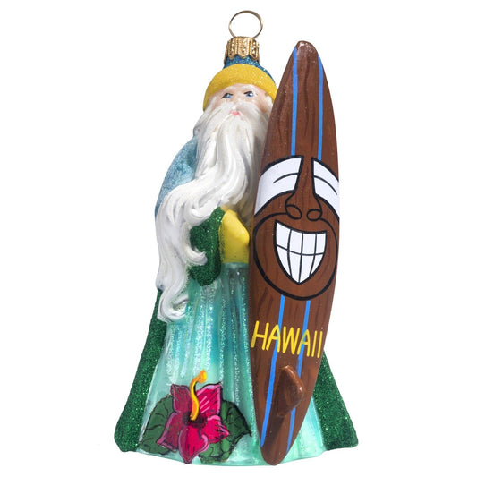 Joy to the World Glitterazzi Hawaii Santa with Tiki Surfboard Polish Glass Christmas Ornament