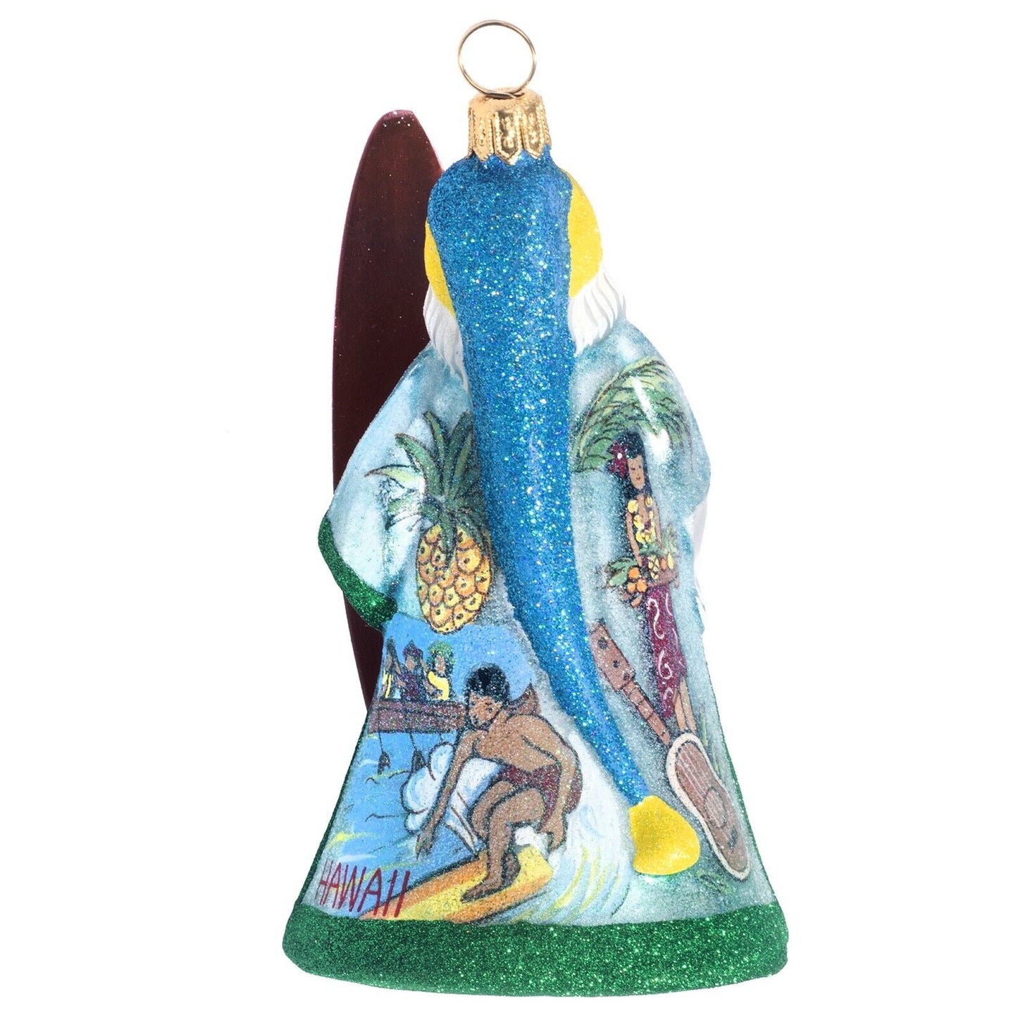 Joy to the World Glitterazzi Hawaii Santa with Tiki Surfboard Polish Glass Christmas Ornament