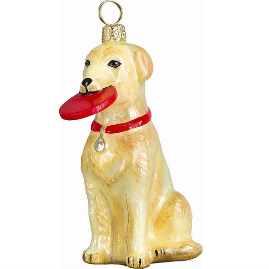 Joy to the World Yellow Labrador Retriever with Flying Disc Dog Polish Glass Christmas Ornament Lab