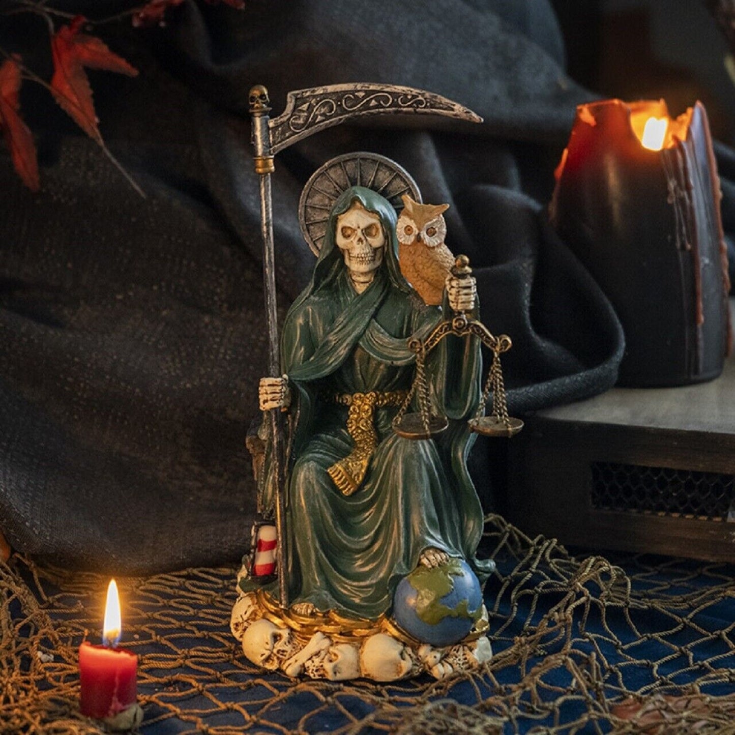 Sitting Santa Muerte inGreen Gown with Owl and Scale Figurine Death 9 Inch