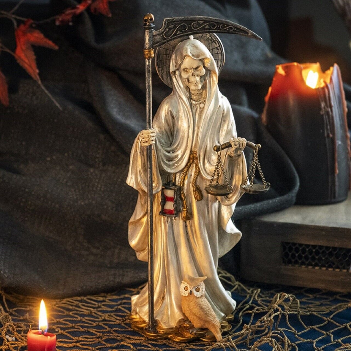 Santa Muerte in White Gown with Scale Figurine Death 10 Inch