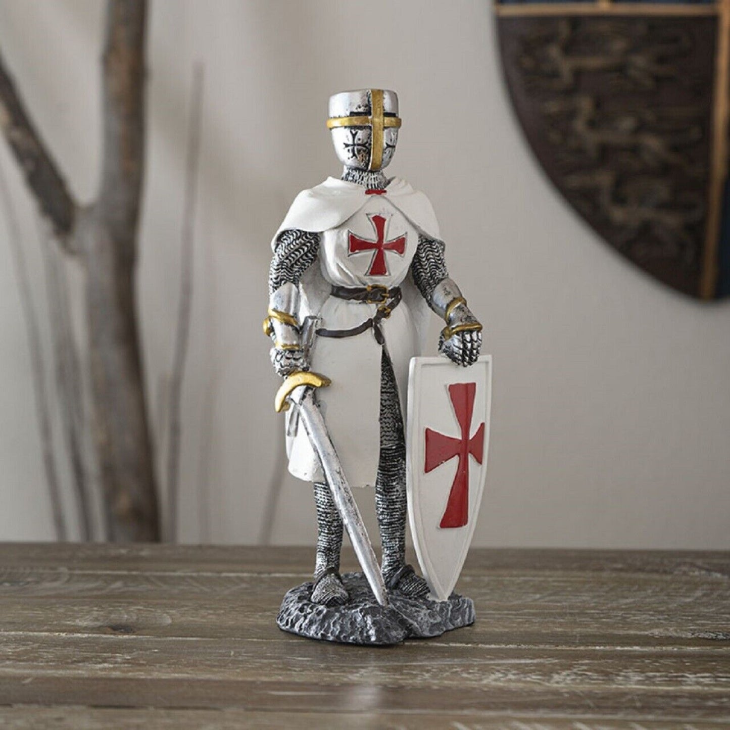 Crusader Knight with Shield Figurine 8 Inch Multicolor