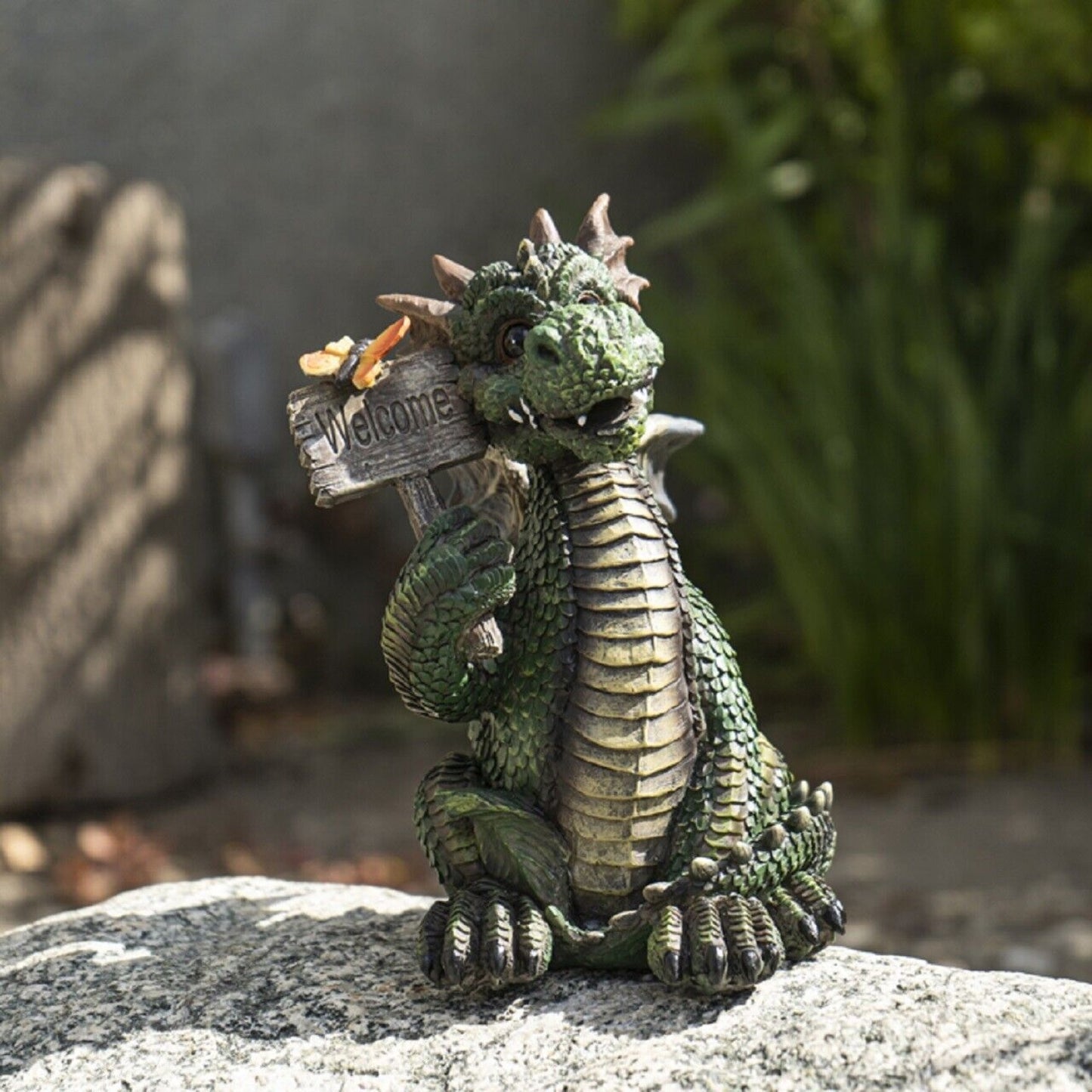 Green Dragon with Welcome Sign Figurine 7 Inch