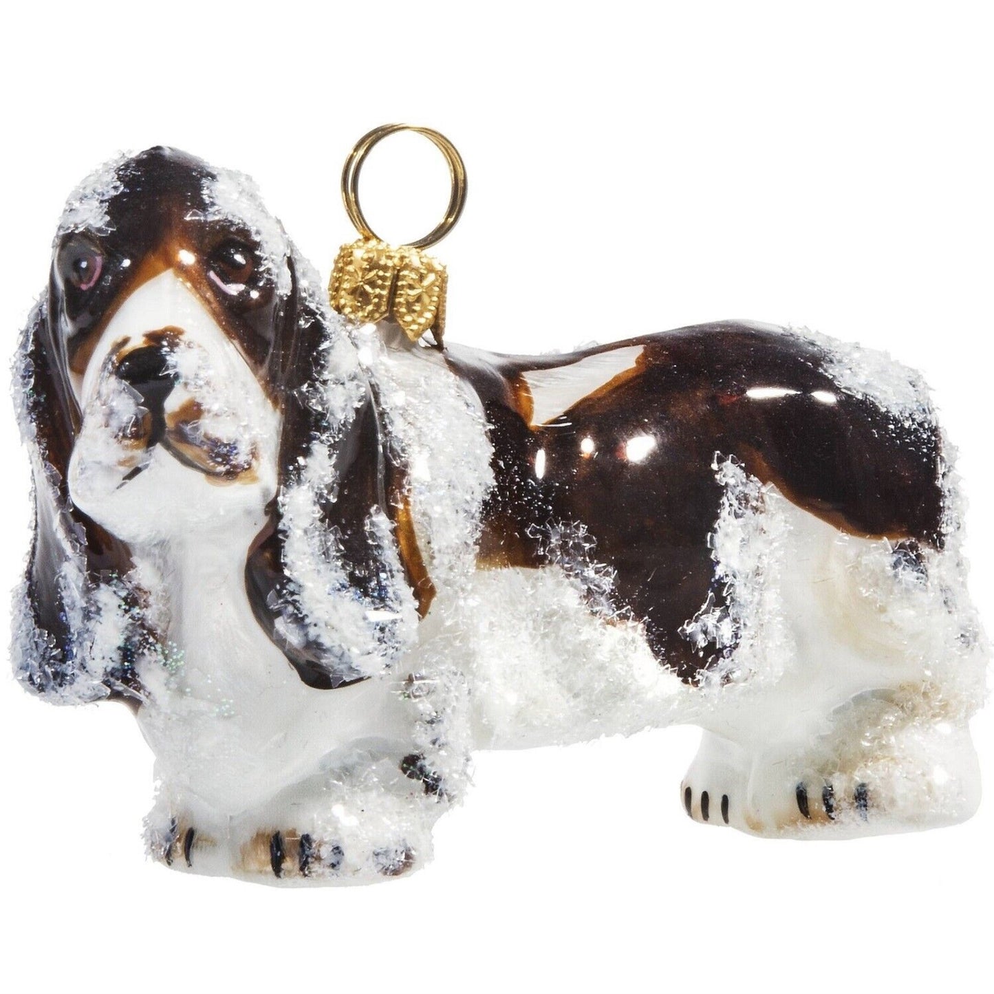 Joy to the World Snowy Snow Covered Basset Hound Dog Polish Glass Christmas Tree Ornament Pet